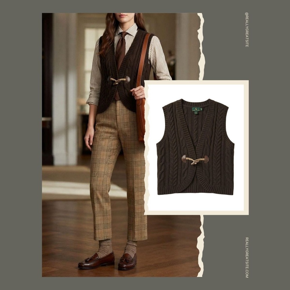Lauren Ralph Lauren Lambswool Cable Knit Sweater Vest Brown Toggle Closure M